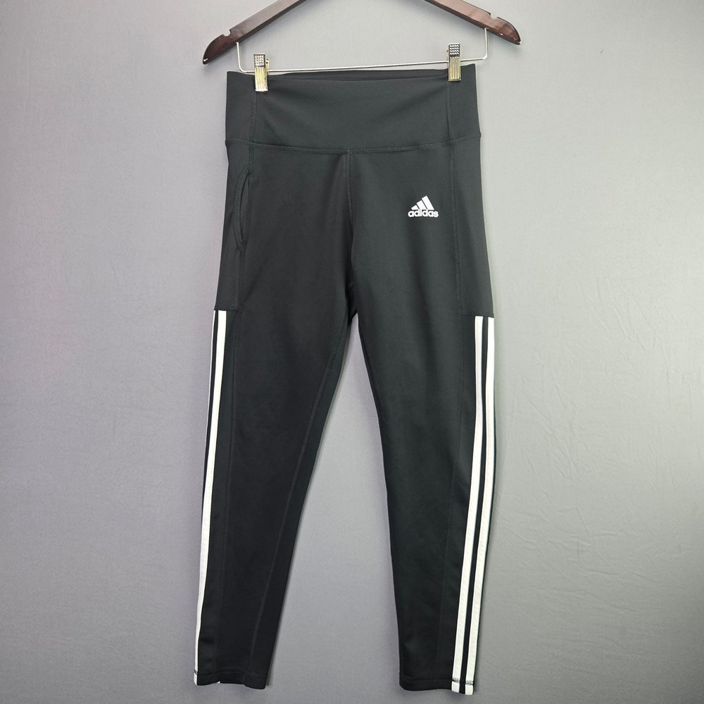 Adidas Leggings Womens Medium Black 3 Stripe High Waist Mesh Pocket Athletic